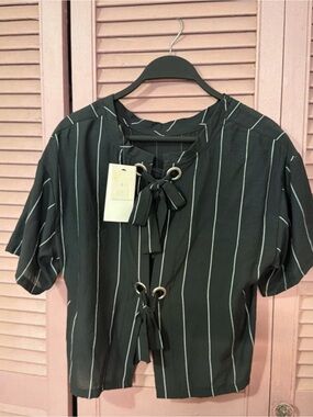 Black Striped Tie-Front Women's Blouse